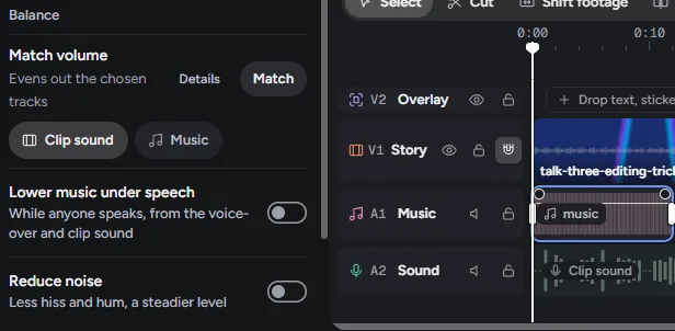 Edivo's Audio panel with Match volume, Lower music under speech and Reduce noise, beside the timeline's music and sound tracks