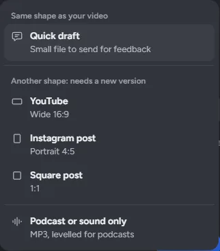 Edivo's Export menu with More open, listing YouTube, Instagram post, Square post, and Podcast or sound only: MP3, levelled for podcasts
